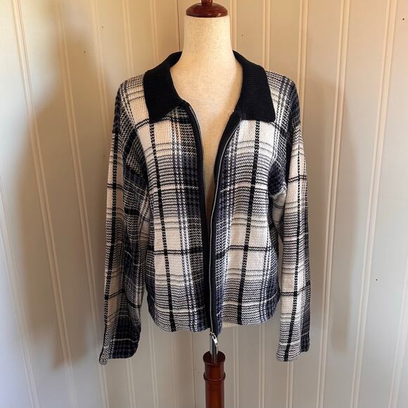 Vintage 90s Knit Plaid Cardigan Sweater L - Picture 1 of 6